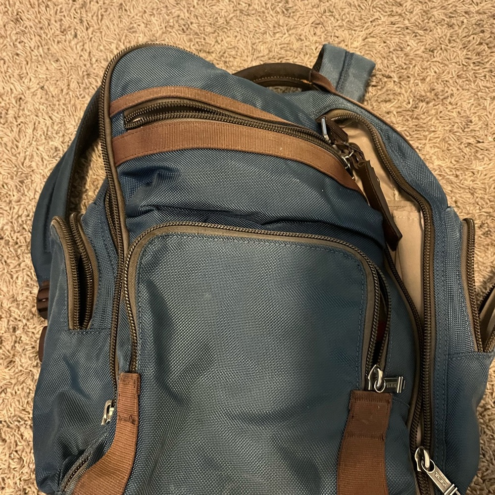 Tumi Blue and Brown Ballistic Nylon Backpack with Leather Accents - Picture 12 of 14